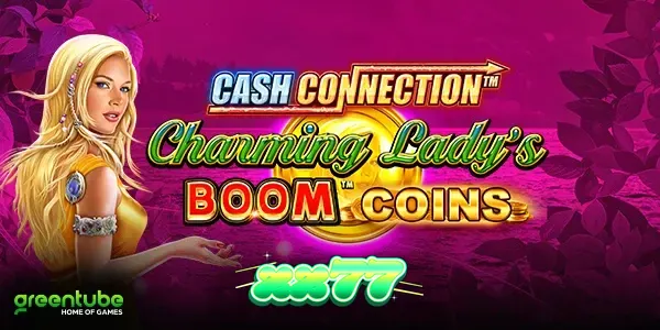 Interface do jogo Cash Connection Charming Lady’s Boom Coins com seus rolos e símbolos vibrantes.